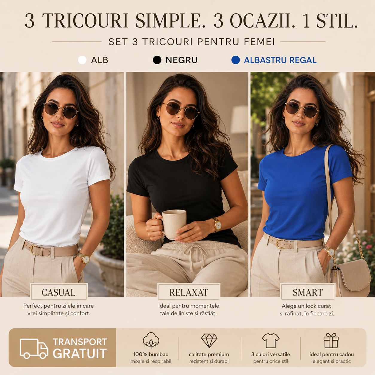 Tricouri damă simple din bumbac 100% alb negru albastru regal
